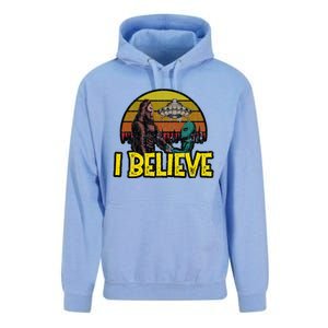 I Believe Funny Alien And Bigfoot Design Distressed Unisex Surf Hoodie