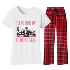 ILl Be Home For Christmas Funny Santa Claus Trump 2024 Women's Flannel Pajama Set