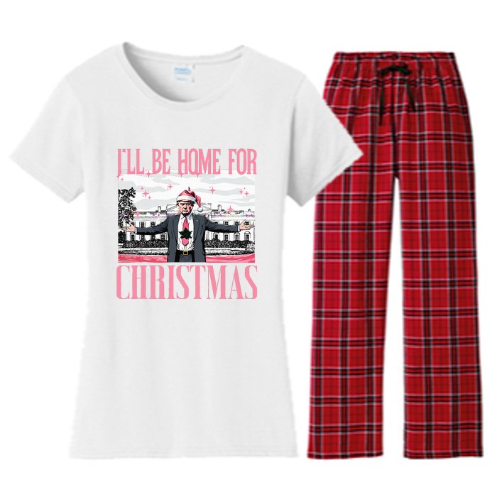 ILl Be Home For Christmas Funny Santa Claus Trump 2024 Women's Flannel Pajama Set