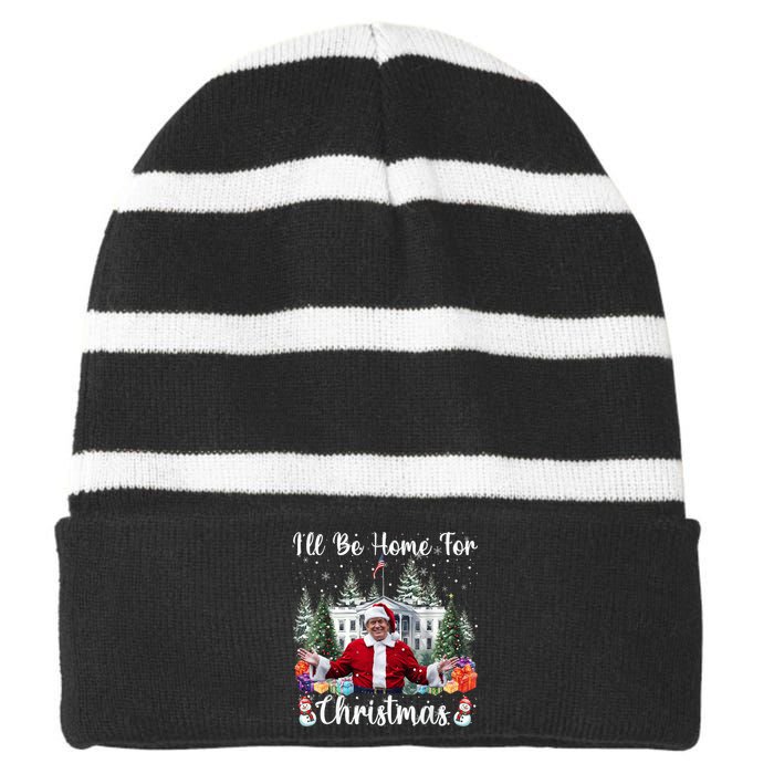 Ill Be Home For Christmas Funny Santa Claus Trump 2024 Striped Beanie with Solid Band