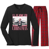 ILl Be Home For Christmas Funny Santa Claus Trump 2024 Women's Long Sleeve Flannel Pajama Set 