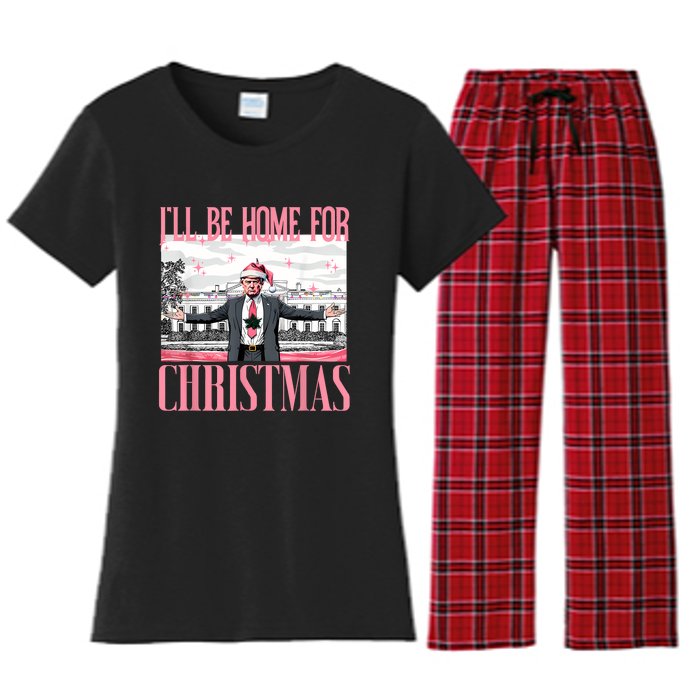 ILl Be Home For Christmas Funny Santa Claus Trump 2024 Women's Flannel Pajama Set