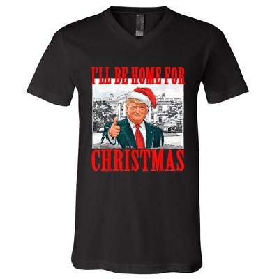 ILl Be Home For Christmas Santa Funny Trump Xmas Pajamas V-Neck T-Shirt