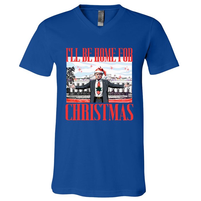 ILl Be Home For Christmas Santa Funny Trump Xmas V-Neck T-Shirt