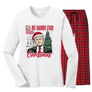 ILl Be Home For Christmas Funny Santa Trump Xmas Pajamas Women's Long Sleeve Flannel Pajama Set 