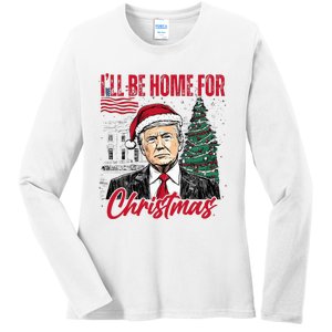 ILl Be Home For Christmas Funny Santa Trump Xmas Pajamas Ladies Long Sleeve Shirt