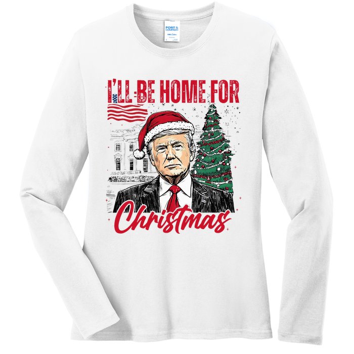 ILl Be Home For Christmas Funny Santa Trump Xmas Pajamas Ladies Long Sleeve Shirt