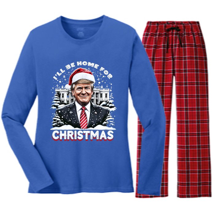 I’Ll Be Home For Christmas Trump Xmas Funny 2024 Gift Women's Long Sleeve Flannel Pajama Set 