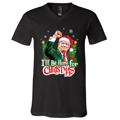 ILl Be Home For Christmas Funny Trump Santa 2024 Christmas V-Neck T-Shirt