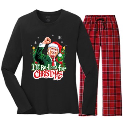 ILl Be Home For Christmas Funny Trump Santa 2024 Christmas Women's Long Sleeve Flannel Pajama Set 