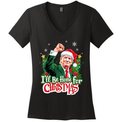 ILl Be Home For Christmas Funny Trump Santa 2024 Christmas Women's V-Neck T-Shirt