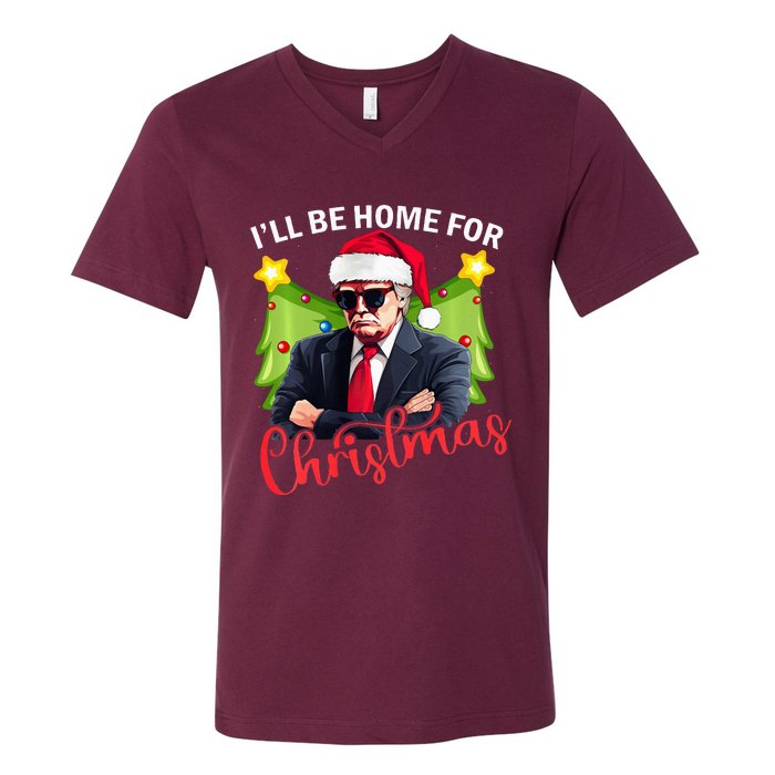 ILl Be Home For Christmas Santa Claus Trump 2024 V-Neck T-Shirt