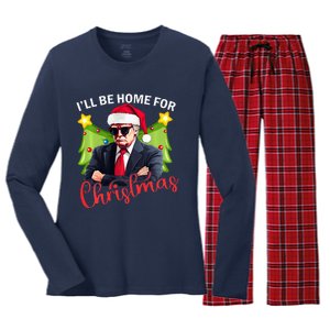 ILl Be Home For Christmas Santa Claus Trump 2024 Women's Long Sleeve Flannel Pajama Set 