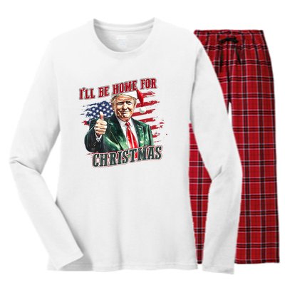 ILl Be Home For Christmas Funny Santa Trump Xmas Pajamas Women's Long Sleeve Flannel Pajama Set 