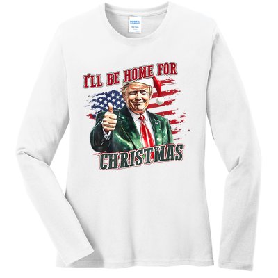 ILl Be Home For Christmas Funny Santa Trump Xmas Pajamas Ladies Long Sleeve Shirt