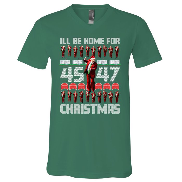 ILl Be Home For Christmas Donald Trump 4547 Maga Trump Dance Ugly Christmas V-Neck T-Shirt