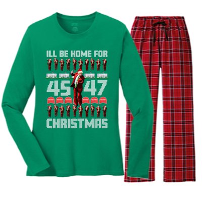 ILl Be Home For Christmas Donald Trump 4547 Maga Trump Dance Ugly Christmas Women's Long Sleeve Flannel Pajama Set 