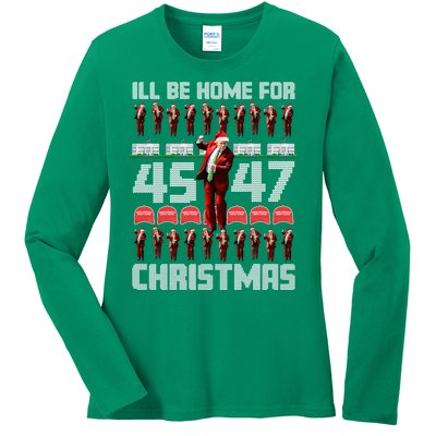 ILl Be Home For Christmas Donald Trump 4547 Maga Trump Dance Ugly Christmas Ladies Long Sleeve Shirt