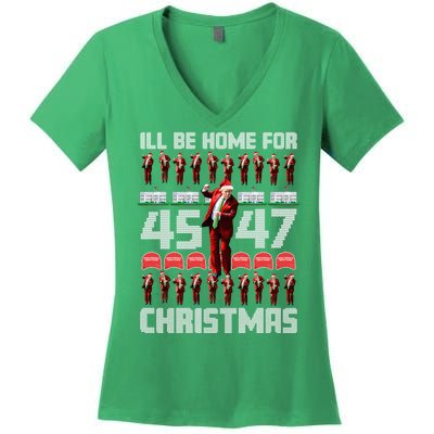 ILl Be Home For Christmas Donald Trump 4547 Maga Trump Dance Ugly Christmas Women's V-Neck T-Shirt