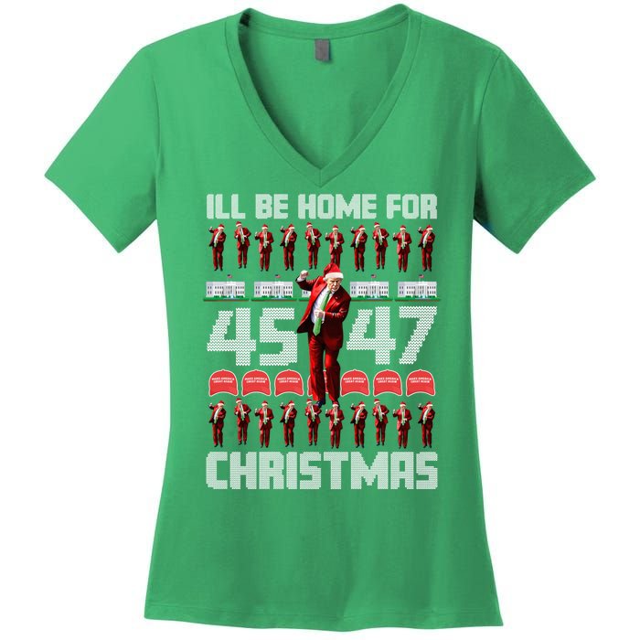 ILl Be Home For Christmas Donald Trump 4547 Maga Trump Dance Ugly Christmas Women's V-Neck T-Shirt