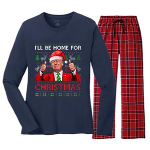 ILl Be Home For Christmas Santa Trump Xmas Pajamas Funny Women's Long Sleeve Flannel Pajama Set 