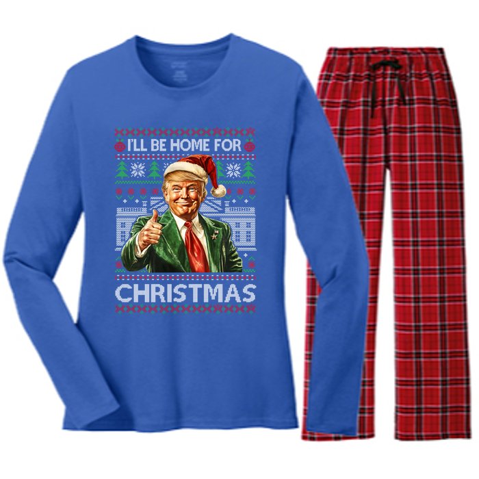 ILl Be Home For Christmas Xmas Trump Pajamas Holiday Santa Meaningful Gift Women's Long Sleeve Flannel Pajama Set 