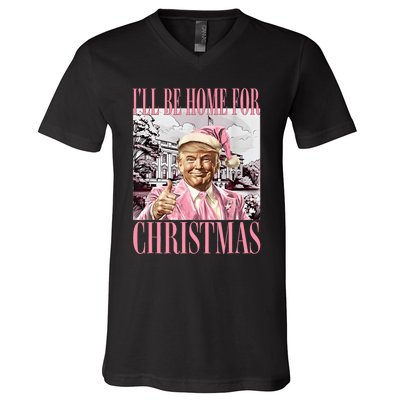 Iil Be Home For Christmas Funny Trump Santa 2024 Christmas V-Neck T-Shirt