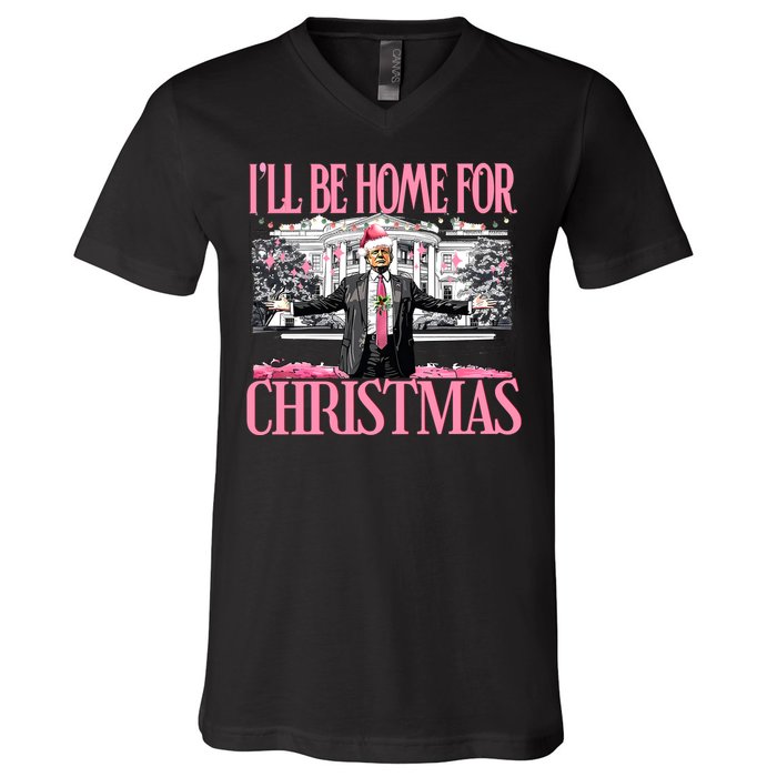 Ill Be Home For Christmas Donald Trump President Santa Claus V-Neck T-Shirt