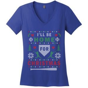 ILl Be Home For Christmas Baseball Ugly Christmas Meaningful Gift Women's V-Neck T-Shirt