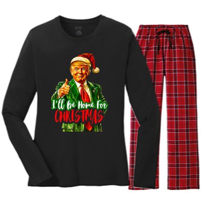 ILl Be Home For Christmas Funny Santa Claus Trump 2024 Women's Long Sleeve Flannel Pajama Set 