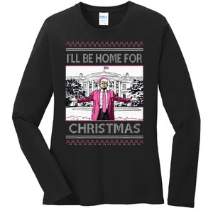 ILl Be Home For Christmas Funny Santa Trump Ugly Sweater Ladies Long Sleeve Shirt