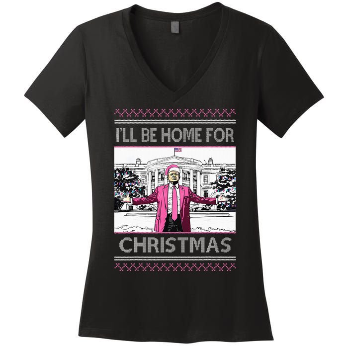 ILl Be Home For Christmas Funny Santa Trump Ugly Sweater Women's V-Neck T-Shirt