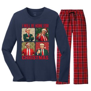 ILl Be Home For Christmas Funny Santa Claus Trump 2024 Women's Long Sleeve Flannel Pajama Set 