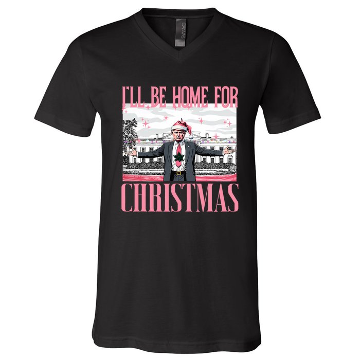 ILl Be Home For Christmas Funny Santa Claus Trump 2024 V-Neck T-Shirt