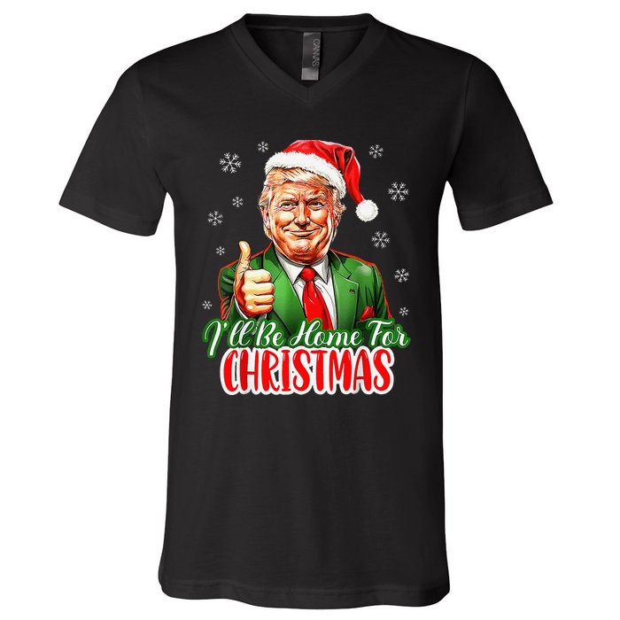 ILl Be Home For Christmas Funny Santa Claus Trump 2024 Xmas V-Neck T-Shirt