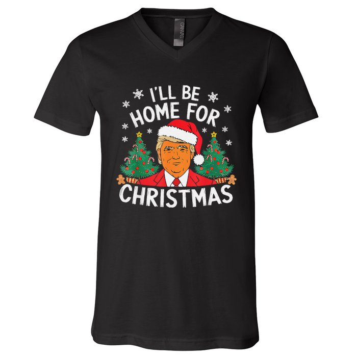 ILl Be Home For Christmas Funny Santa Claus Trump 2024 Xmas V-Neck T-Shirt