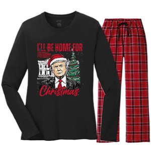 ILl Be Home For Christmas Funny Santa Trump Xmas Pajamas Women's Long Sleeve Flannel Pajama Set 