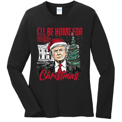 ILl Be Home For Christmas Funny Santa Trump Xmas Pajamas Ladies Long Sleeve Shirt