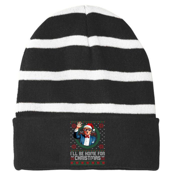 ILl Be Home For Christmas Funny Trump Ugly Xmas Sweaters Pj Striped Beanie with Solid Band