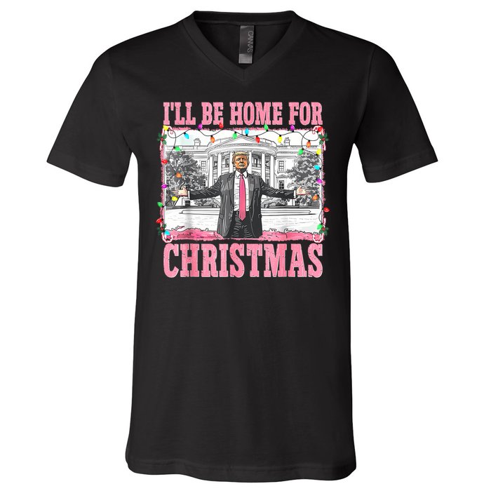 ILl Be Home For Christmas Santa Funny Trump Xmas Pajamas V-Neck T-Shirt