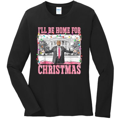 ILl Be Home For Christmas Santa Funny Trump Xmas Pajamas Ladies Long Sleeve Shirt