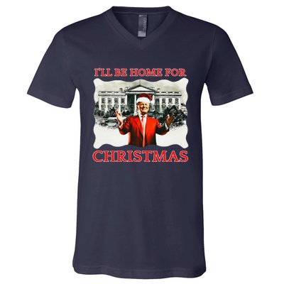 ILl Be Home For Christmas Santa Funny Trump Xmas V-Neck T-Shirt