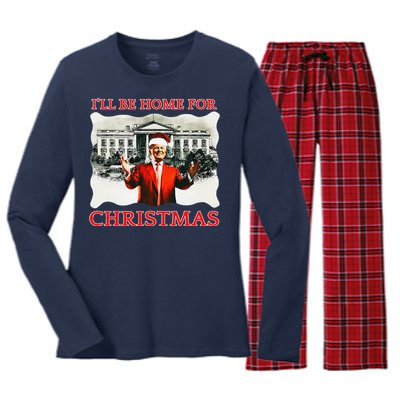 ILl Be Home For Christmas Santa Funny Trump Xmas Women's Long Sleeve Flannel Pajama Set 