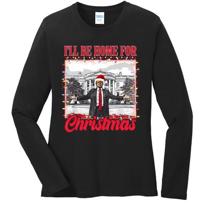 ILl Be Home For Christmas Santa Funny Trump Xmas Pajamas Ladies Long Sleeve Shirt