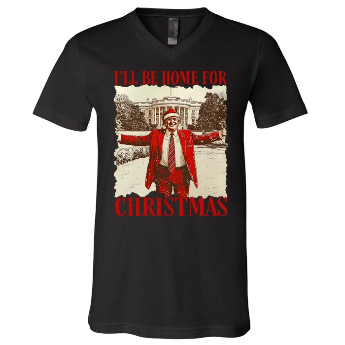 ILl Be Home For Christmas Xmas Trump Pajamas Holiday Santa V-Neck T-Shirt