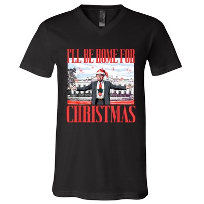 ILl Be Home For Christmas Santa Funny Trump Xmas Pajamas V-Neck T-Shirt