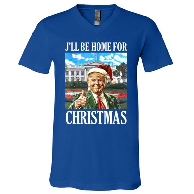 ILl Be Home For Christmas Funny Santa Trump 2024 Xmas Gift V-Neck T-Shirt