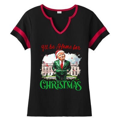 ILl Be Home For Christmas Funny Santa Elf Trump Xmas 2024 Ladies Halftime Notch Neck Tee