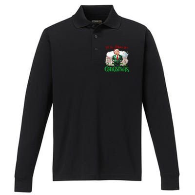 ILl Be Home For Christmas Funny Santa Elf Trump Xmas 2024 Performance Long Sleeve Polo