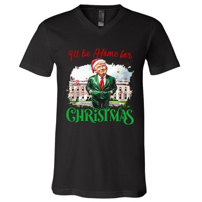 ILl Be Home For Christmas Funny Santa Elf Trump Xmas 2024 V-Neck T-Shirt